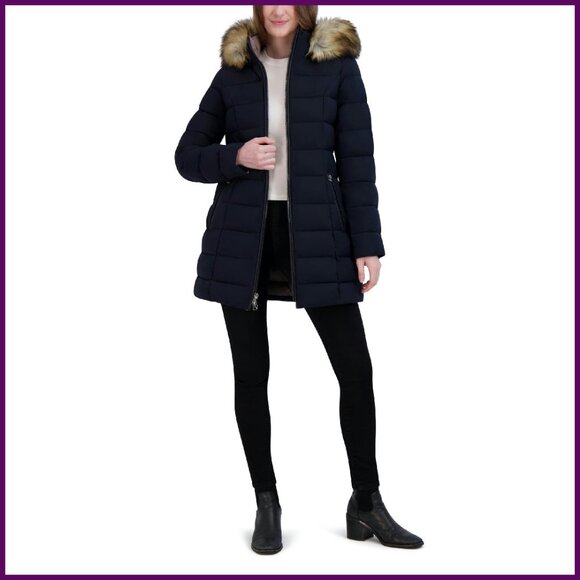 Long Stretch Quilted Puffer Jacket with Detachable Faux Fur Hood